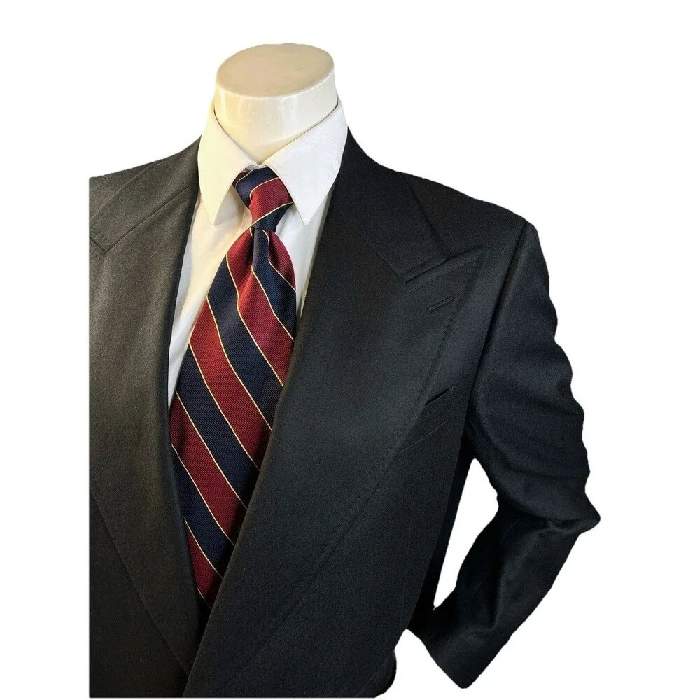 Vtg Bespoke Men Suit Black Flannel Wool Hand Tailored Surgeon’s Cuffs 48R 46x30